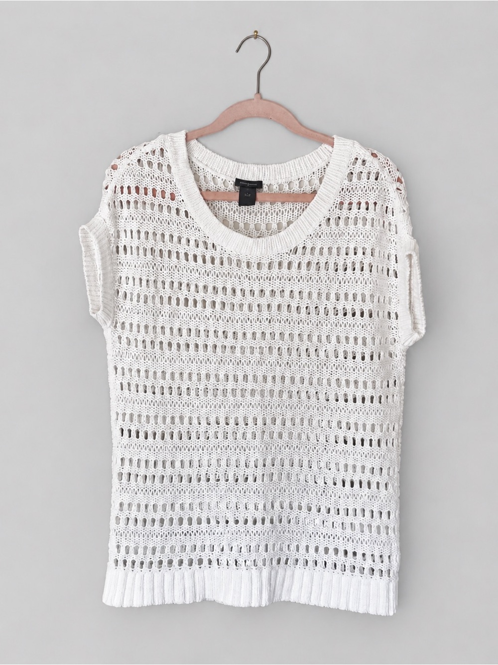 Ann Taylor White Linen Blend Open Knit Sweater Top M Short Sleeve